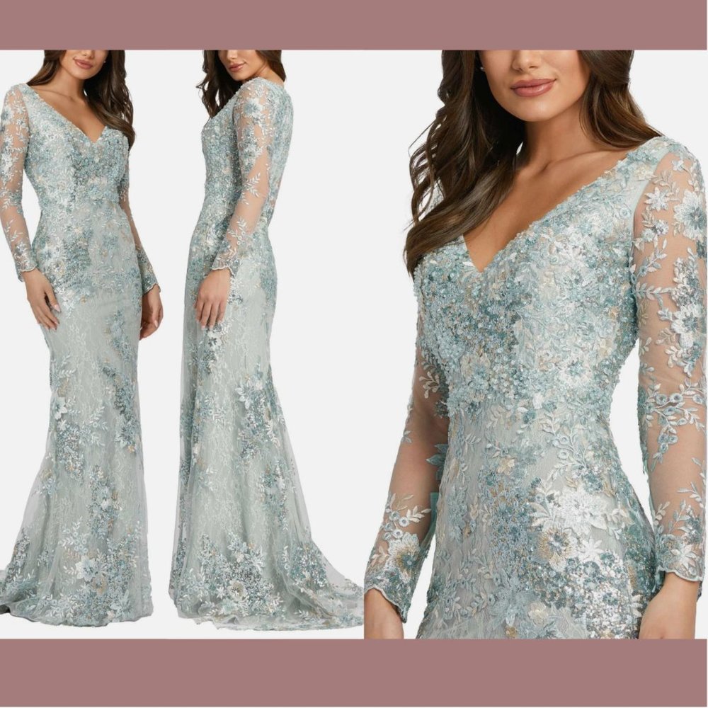 NWT$698 Mac Duggal‎ [ 16 ] Embellished V-Neck Illusion Long Sleeve Gown Sea Mist